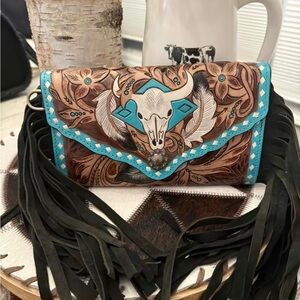 Tooled Leather Fringe Bag- Western Style